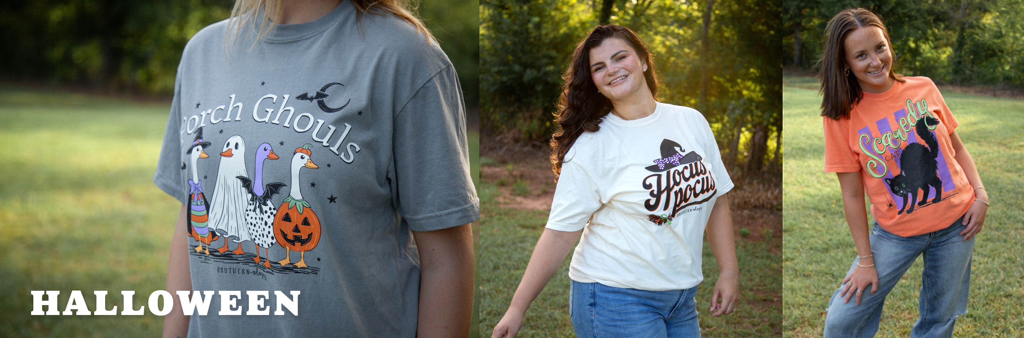 Models wearing halloween shirts. One says